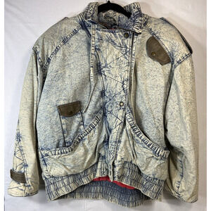 Vintage Street Equipt Size Large Acid Wash Denim Jean Jacket Leather Accents 80s